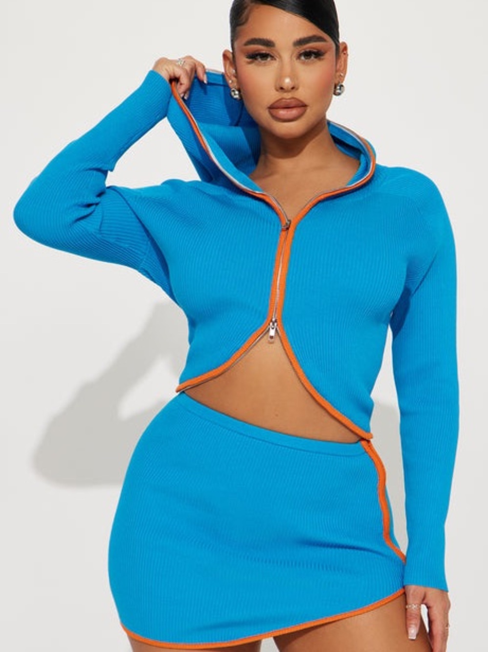 Fashion Nova Blue Ribbed Zip Hoodie & Mini Skirt Set with Orange Trim Never Worn